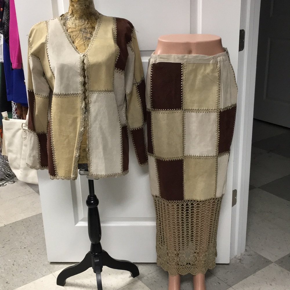 Vintage patch leather and crochet jacket and skirt